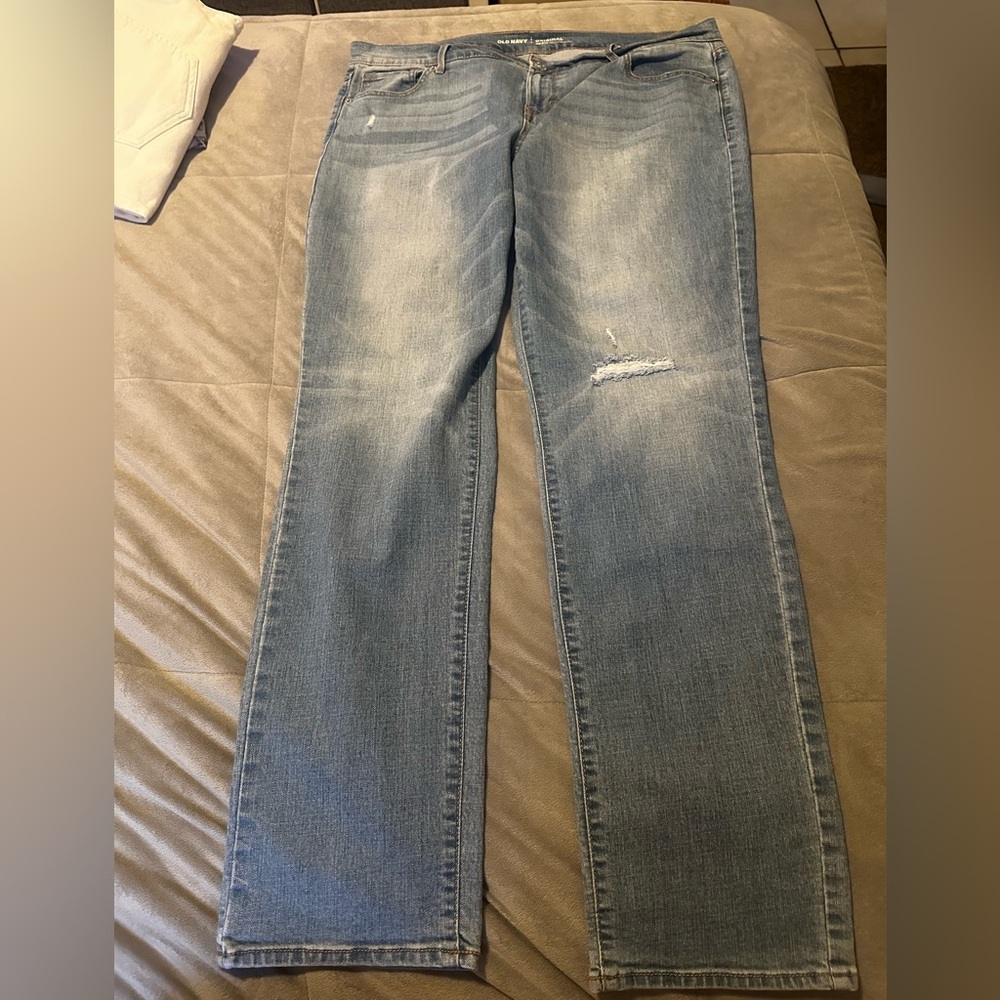Old Navy Blue Mid Rise Straight Leg Jeans with Distressed Details